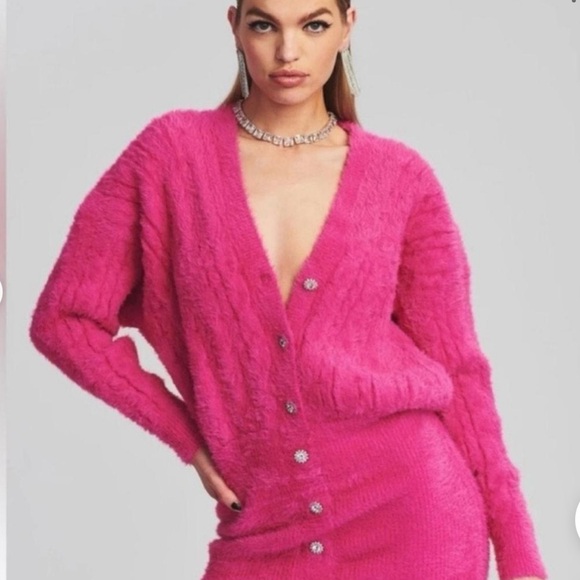 Retrofete Vibrant Pink Fuzzy Sweater Mini Dress with Rhinestone Buttons XS - Picture 2 of 7